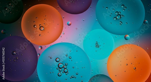 Abstract Colorful Spheres with Bubbles Floating in Liquid
