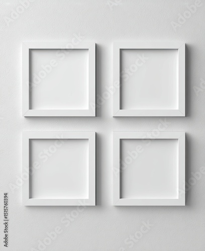 Four blank square white frames arranged in a 2x2 grid against a light gray wall