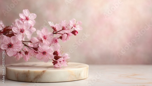 Delicate pink cherry blossoms on a marble pedestal against a soft, blurred pink and beige background