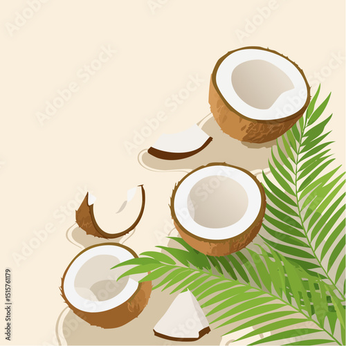 A soft diagonal vector of coconuts and tropical leaves on beige