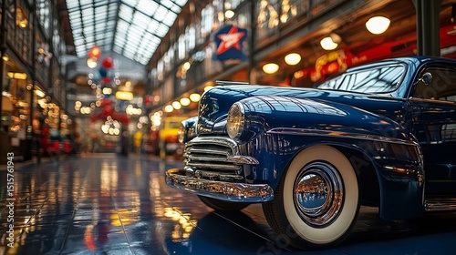 Classic blue car showcased in a vibrant indoor display area filled with vintage automobiles