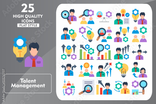 Talent Management Flat Icon Set. Incleded Icons Observation, Human Resources, Work Life Balance, Employee Qualification, Talent, Skills. Vector Icons Collection