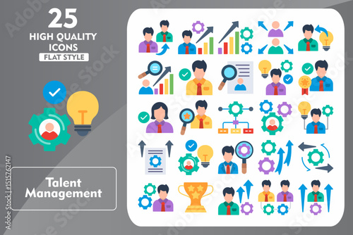 Talent Management Flat Icon Set. Incleded Icons Referral, Assessment, Development, Mobility, Management, Achievement, Professional Development, Human Resources. Vector Icons Collection