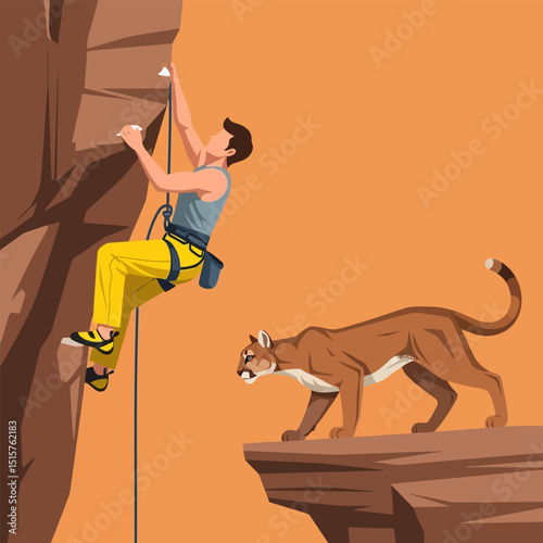 Man Rock Climbing As a Cougar Observes From a Nearby Ledge