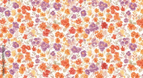 Floral Pattern with Orange and Purple Flowers on White Background