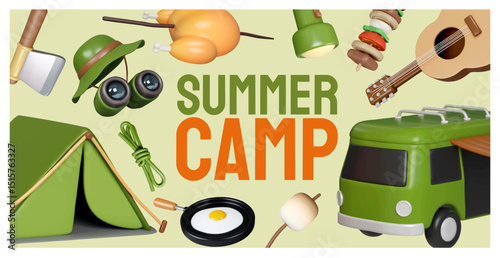 Camping celebration at summer camp surrounded by fun and nature elements. Vector illustration