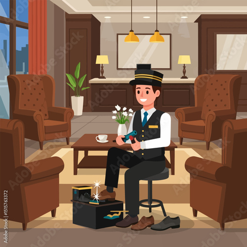 Man Polishing Shoes in an Elegant Hotel Lobby Illustration