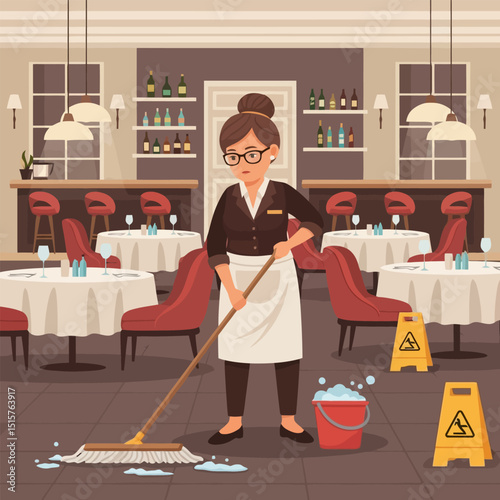 Worker Mopping Floor in Restaurant Cleaning After Service Period