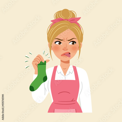 Woman Holding Smelly Sock with Disgusted Expression, Tongue Out