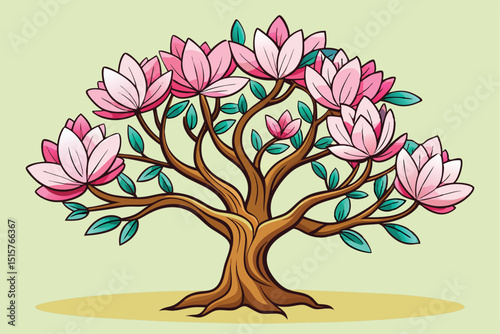 Pink magnolia blossom tree illustration