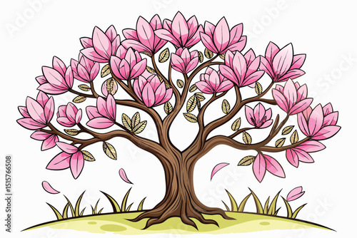 Pink magnolia tree spring blossom illustration