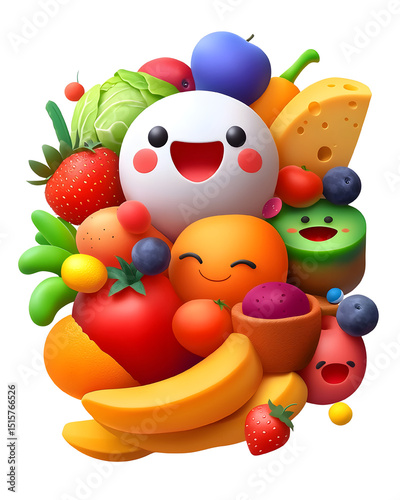 Isolate transparent Colorful assortment of happy fruits and vegetables. Png die-cut on transparent background for versatile visual design use