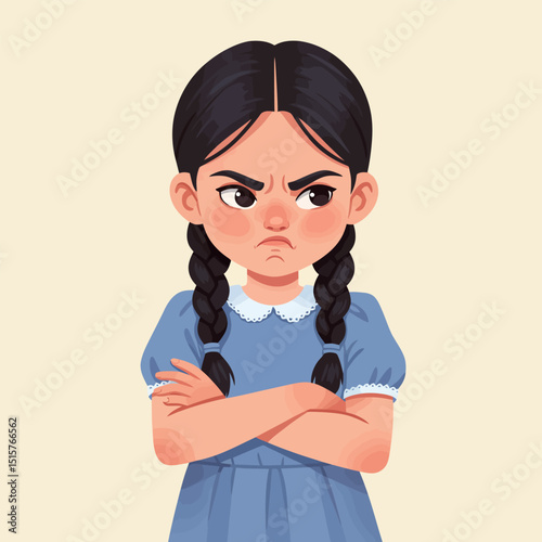 Cartoon Girl Showing Anger with Crossed Arms and Scowling Expression