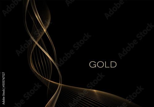 Isolated design element, exquisite wavy golden figure on black background.