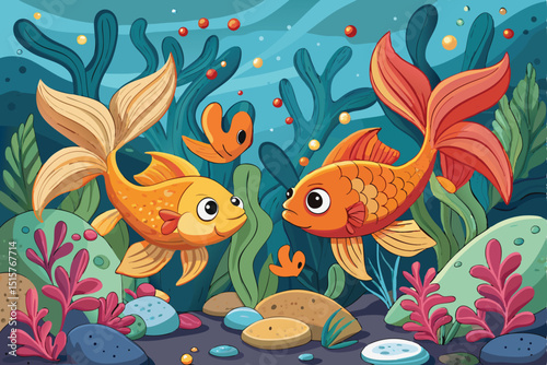 Two goldfish swimming in vibrant underwater scene