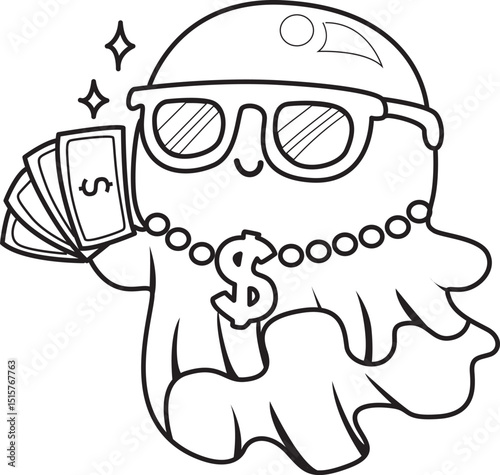 Outline of Funny white ghost in activities stickers.