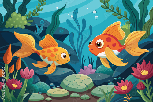 Two goldfish swimming in underwater paradise