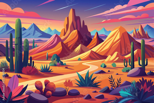Vibrant desert landscape with winding road and cactus