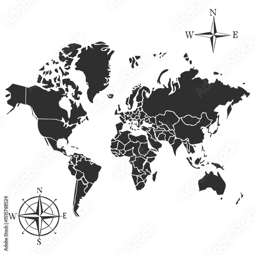 World map with compass rose illustration