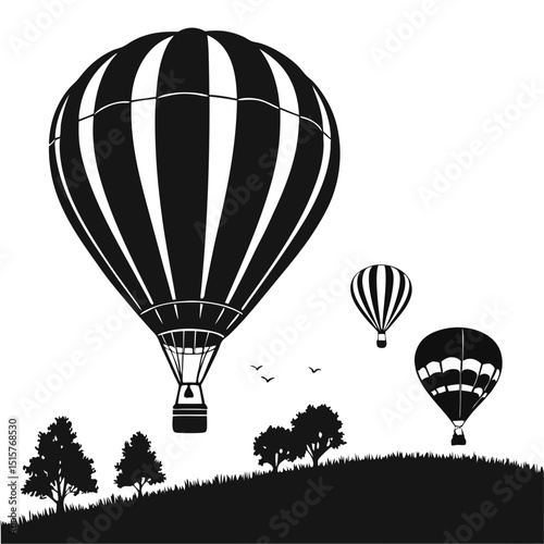 Black and white hot air balloons over landscape