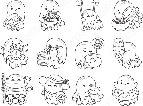 Outline of Funny white ghost in activities stickers.