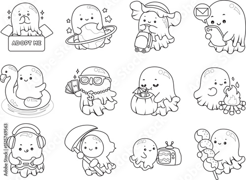 Outline of Funny white ghost in activities stickers.