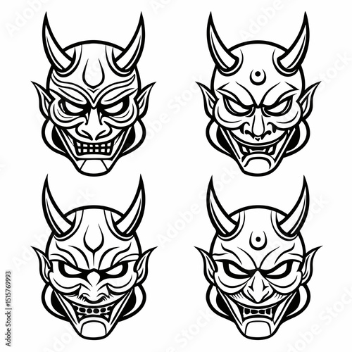 Four oni mask designs black and white