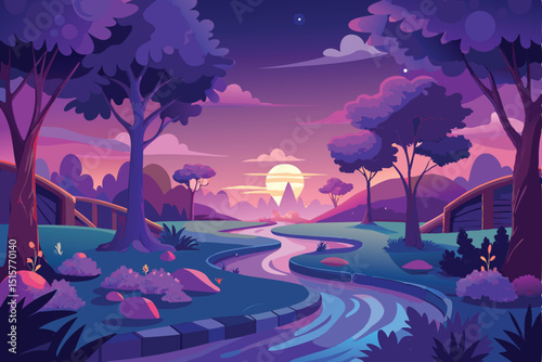 Purple sunset landscape with winding river