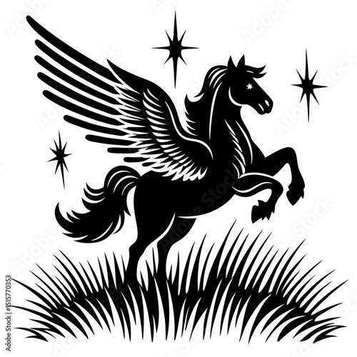 Black and white pegasus in grass with stars