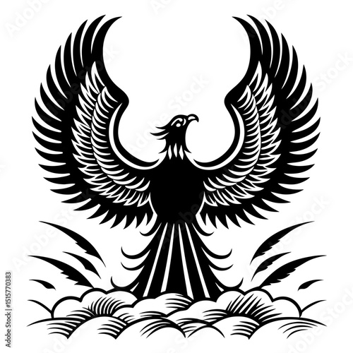 Majestic black phoenix rising from clouds