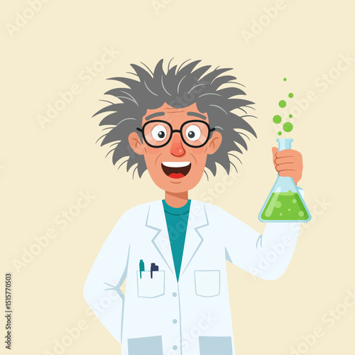 Scientist Holding Beaker with Bubbling Green Liquid in Lab