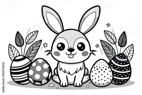 Cute easter bunny with decorated eggs and leaves