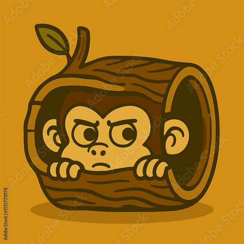 A funny cartoon monkey hides inside a hollow tree log, with only its eyes and ears sticking out, looking suspicious, creating a cute and humorous vibe against a solid color background.