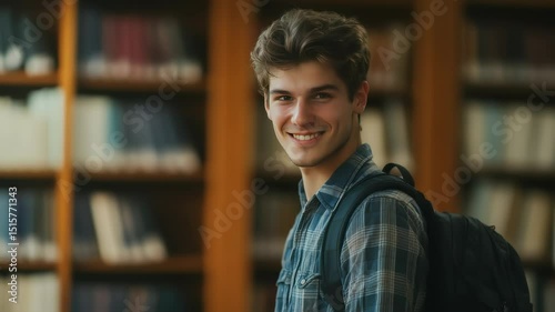 Handsome Smile student man with backpack and books in library, education, university, cheerful, college, happy, standing, school, backpack, attractive, enjoyment, confidence
