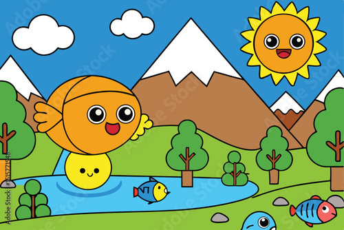 Happy cartoon fish flying over mountain lake