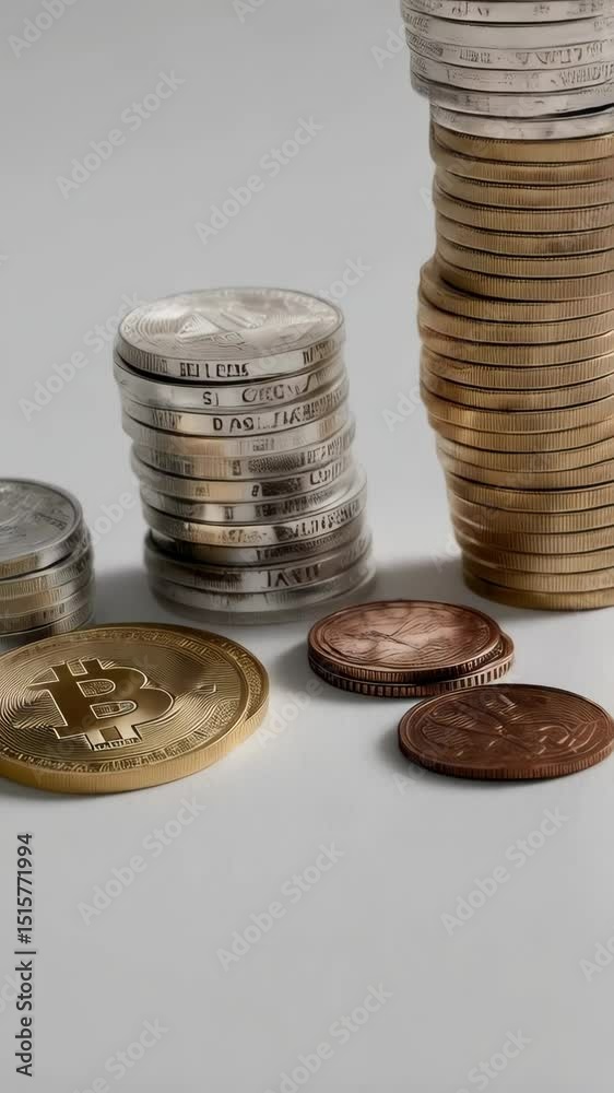 Stacks of generic cryptocurrency coins on a white background, gold, silver and bronze colored crypto coins, representing wealth and investment