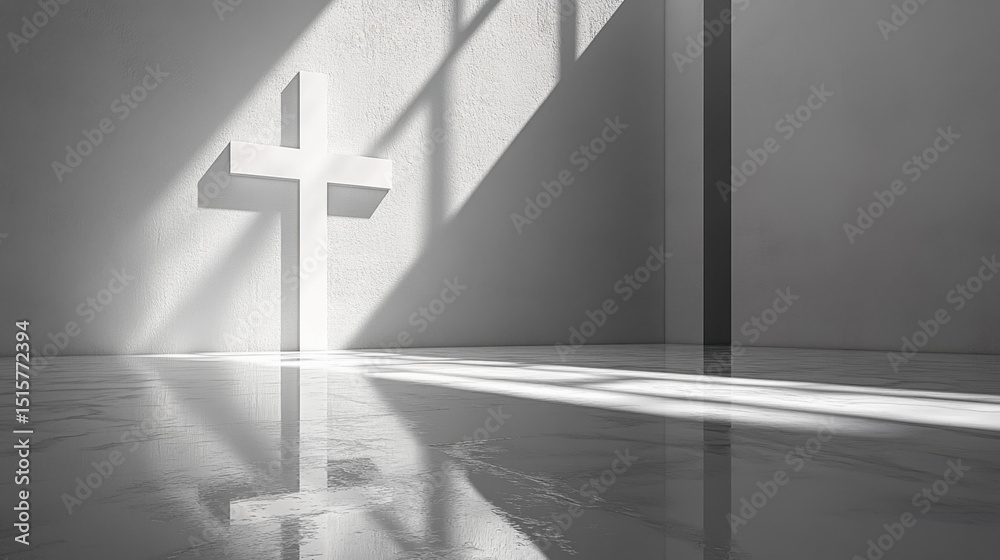 Naklejka premium Monochromatic Cross Shadow in Minimalist White Room