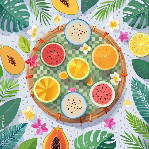 A top-down tropical fruit picnic scene with leaf mat and orchids
