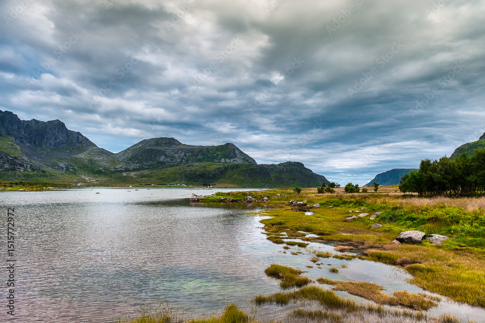Fototapeta premium Napp is a small fishing village located in Flakstad Municipality in Nordland county, Norway.