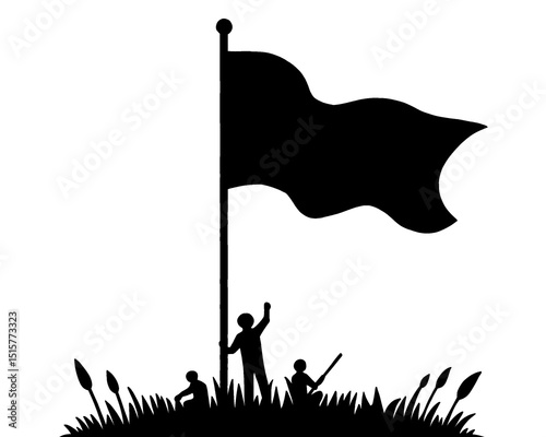 Silhouette of people waving flag, black and white image, icon isolated on white background
