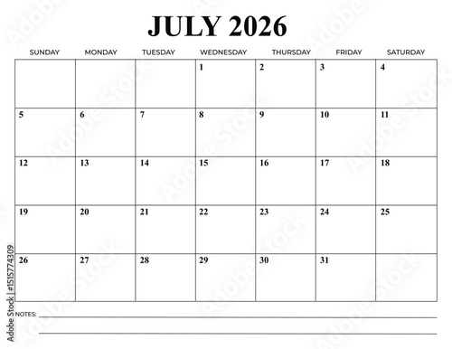 Monthly Calendar Vector Design July 2026