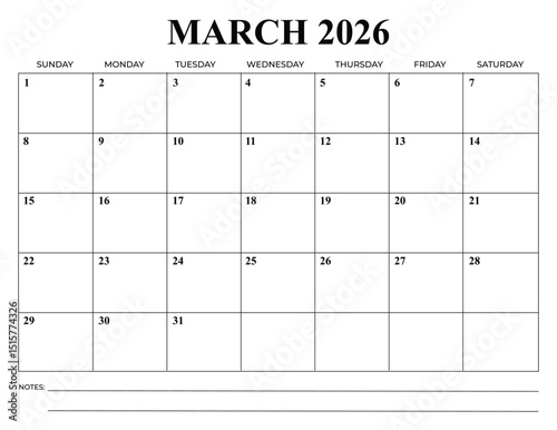 Monthly Calendar Vector Design March 2026