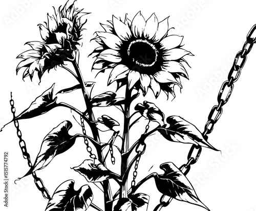 Sunflower growth amidst chains urban garden artwork creative space close-up view symbolism of freedom and resilience