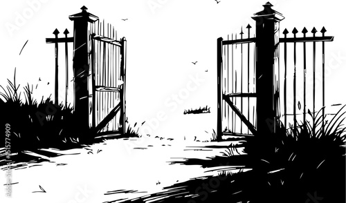 Mysterious open gates abandoned pathway black and white artwork atmospheric scene artistic perspective enigmatic for visual impact
