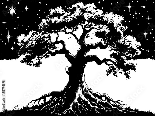 Majestic tree silhouette against starry night sky nature artwork enigmatic landscape artistic perspective tranquil