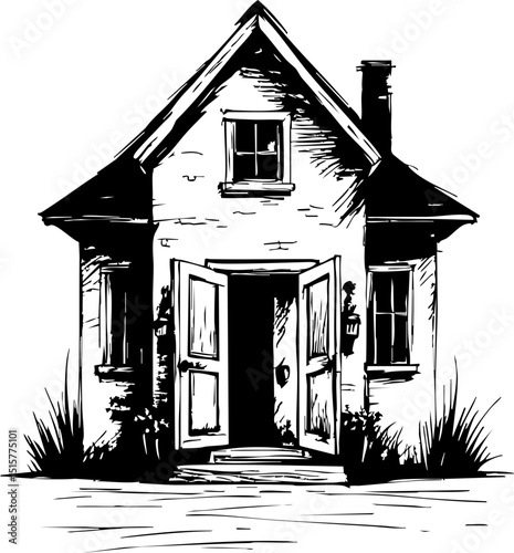 Charming open doorway of a rustic house cozy village setting black and white artistic viewpoint home for visual appeal