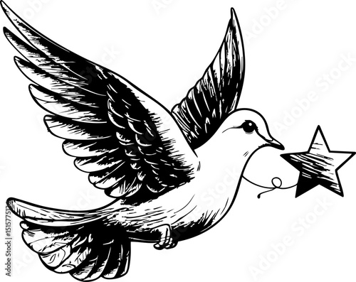 Dove delivering a star in flight nature scene artistic ethereal environment close-up view symbol of peace