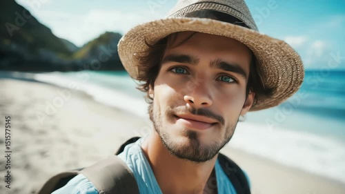 close-up shot of a good-looking male tourist. Enjoy free time outdoors near the sea on the beach. Looking at the camera while relaxing on a clear day Poses for travel selfies smiling happy tropical