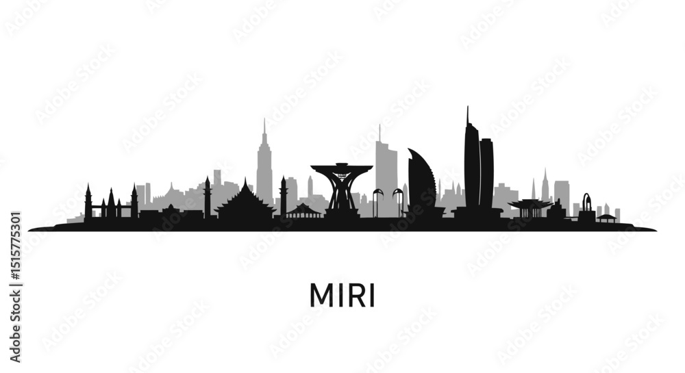 Naklejka premium Miri Skyline Sarawak with Malaysia Silhouette.