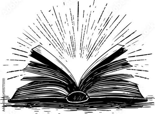 Illuminated book opening event library vintage study environment close-up view knowledge and imagination